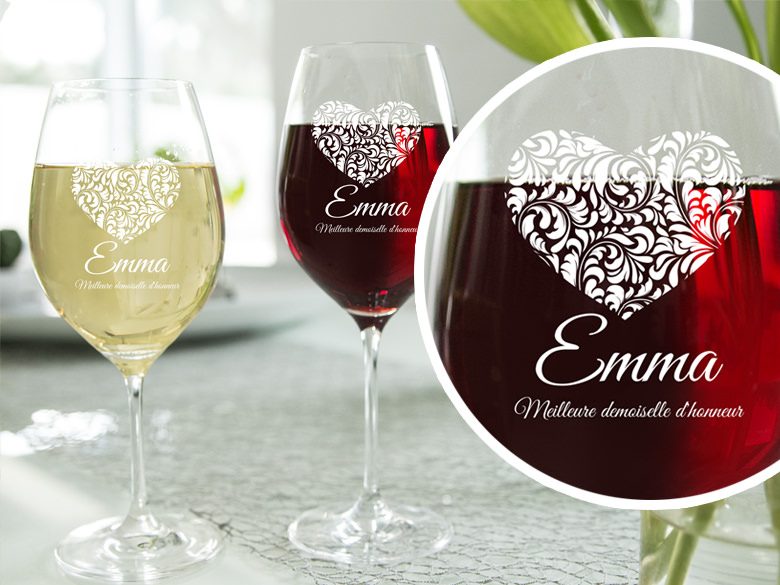 2 x rotweinglas verre de vin avec gravure au mariage avec nom-motifs différents 